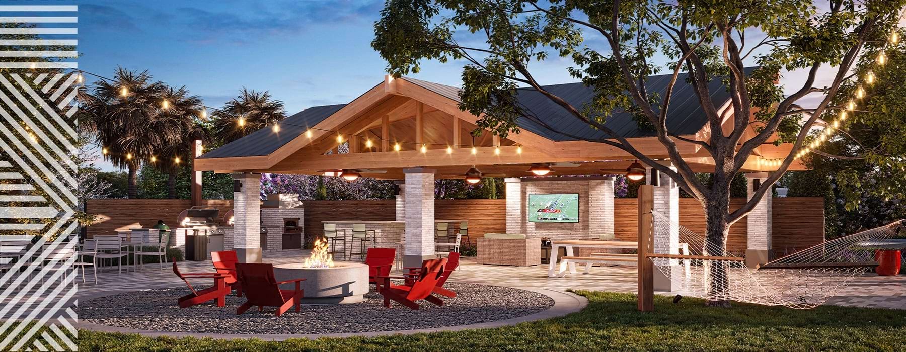 rendering of the event lawn showing hammocks, grill stations , a firepit and TV beside green turf